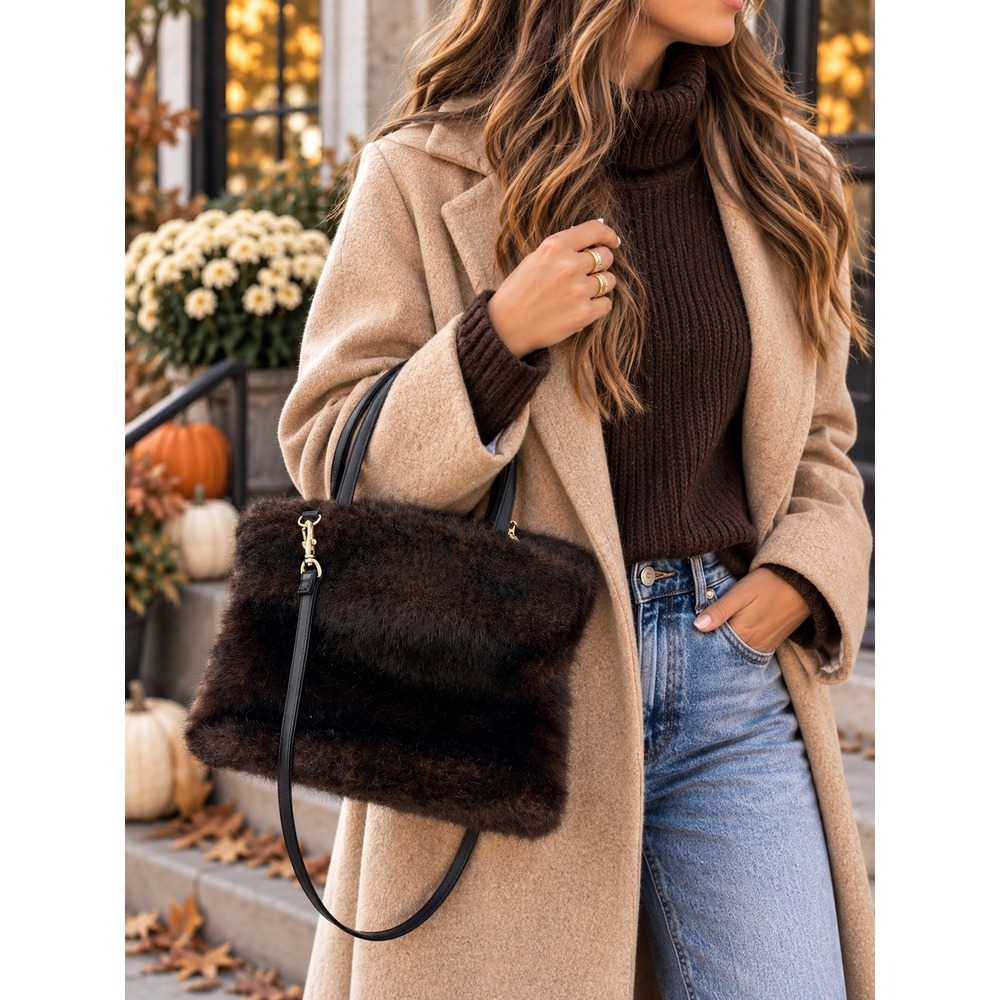 Amanda Smith Brown Faux Fur Handbag Satchel Crossbody Y2K Winter Purse